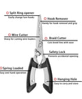 2 Pack Stainless Steel Fishing Pliers With Lanyard, Needle Nose Hook Remover Set, features labeled with functions