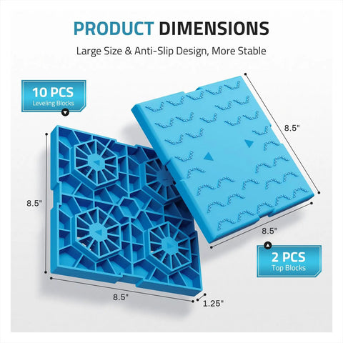 Heavy Duty Rv Leveling Blocks 12 Pack With Velcro Straps, dimensions showing two top and ten bottom blocks, blue, 8.5 inches.