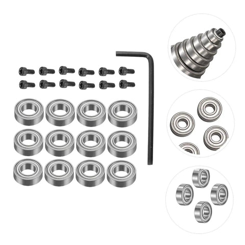 Router Bit Ball Bearings Kit With Top Mounting Bearings, Screws And Wrench For DIY Woodworking Repair, Double Shielded High Precision Replacement Tools For Smooth Long Lasting Cuts, silver components displayed.