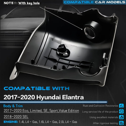 Lower steering column ignition shroud with keyhole, for 2017–2020 Hyundai Elantra, black plastic.