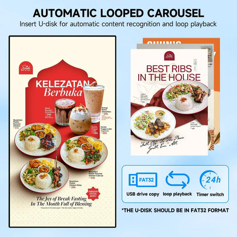 Ready To Roll 55 Inch 4K Digital Menu Board Wall Mount Commercial Signage Display showing food items and promotional messages.