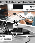 Comparison of messy vs tidy desk with 12 Pieces 1 Inch Desk Grommets And 1 Inch Hole Saw Set Black ABS Engineering Plastic installed