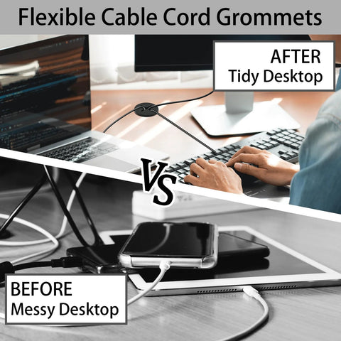 Comparison of messy vs tidy desk with 12 Pieces 1 Inch Desk Grommets And 1 Inch Hole Saw Set Black ABS Engineering Plastic installed