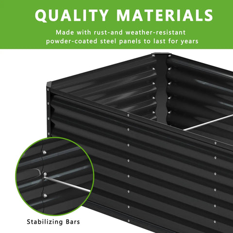 Close-up of black metal Galvanized Raised Garden Bed 6x2x2 Ft Outdoor Planter For Vegetables, Flowers, Herbs with stabilizing bars