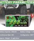 2 Pack 7.4V LiPo Battery 2S 20C 200mAh Rechargeable Lithium Battery With PH2.0 Plug For RC Cars Trucks Axial SCX30