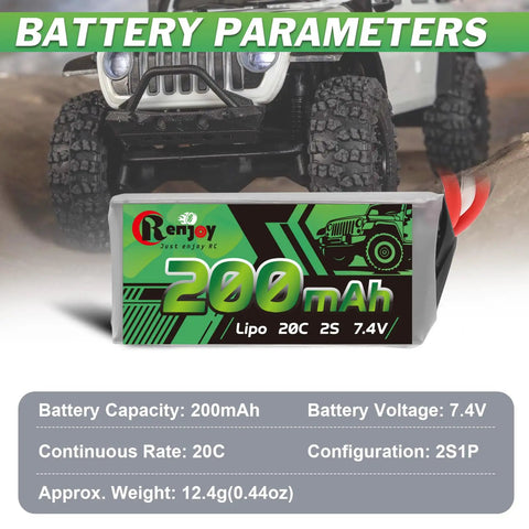 2 Pack 7.4V LiPo Battery 2S 20C 200mAh Rechargeable Lithium Battery With PH2.0 Plug For RC Cars Trucks Axial SCX30