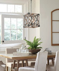 4 Light Wood And Black Metal Pendant Lights For Kitchen Island Modern Farmhouse Rustic Dining Room Chandelier Lighting with Square Cage