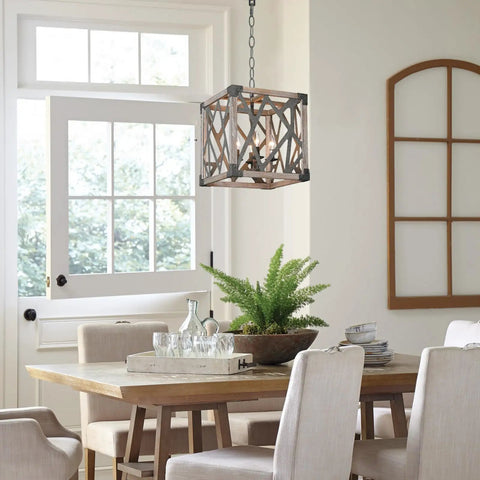 4 Light Wood And Black Metal Pendant Lights For Kitchen Island Modern Farmhouse Rustic Dining Room Chandelier Lighting with Square Cage