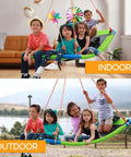 Children enjoying Platform Swing Giant Rectangular Saucer indoors and outdoors, safe durable seat for all directions.