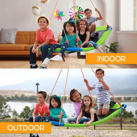 Children enjoying Platform Swing Giant Rectangular Saucer indoors and outdoors, safe durable seat for all directions.