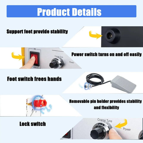 Pro Grade Jewelry Spot Welding Machine Kit with auto welder foot switch stand and tweezers product details on power and stability