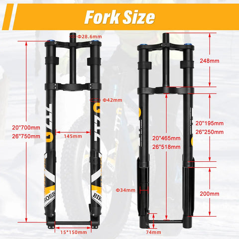 20 Inch Fat Tire Mountain Bike Fork With Beefed Up Inverted Air Suspension dimensions and specifications diagram