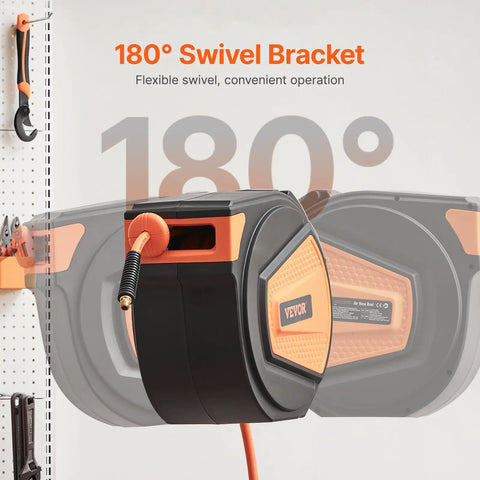 Shop Grade Retractable Air Hose Reel With Sixty Five Foot Three Eighths Inch Hybrid Hose Auto Rewind 300 PSI Ceiling Or Wall Mount Enclosed Reel With Built In One Eighty Degree Swivel Bracket showing 180-degree swivel