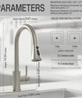 Built Tough Brushed Nickel Kitchen Faucet With Pull Down Sprayer And Three Spray Modes detailed specifications and dimensions.