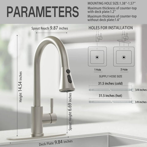 Built Tough Brushed Nickel Kitchen Faucet With Pull Down Sprayer And Three Spray Modes detailed specifications and dimensions.