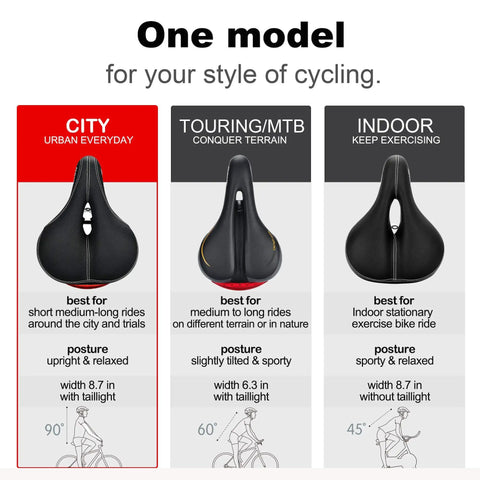 C99 Memory Foam Bike Seat Saddle With Taillight Waterproof Wide Leather Cushion shown in City, Touring, and Indoor styles