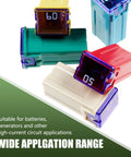 Tough As Nails Square Blade Fuse Assortment Kit With 20A To 60A Specs showing colorful square blade fuses for vehicle circuit applications.