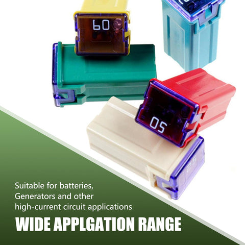 Tough As Nails Square Blade Fuse Assortment Kit With 20A To 60A Specs showing colorful square blade fuses for vehicle circuit applications.