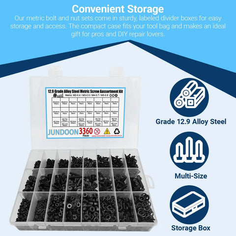 3360Pcs M2 M3 M4 M5 Screws Set With Countersunk Hex Socket Head Cap Screws Nuts Flat Washers And Lock Washers 12.9 Grade Alloy Steel Machine Screw Kit For Durable Hardware Projects And Pro DIY Builds shown organized in labeled storage box.