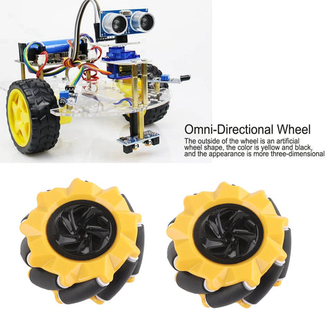 Mecanum wheel pair, two yellow and black 80mm rubber-coated wheels for DIY robot car