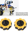 Omni Directional Mecanum Wheel Set For Smart Robot Car, rubber-coated wheels shown with toy robot and additional wheel parts.
