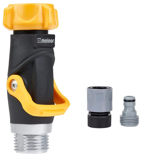 Lever Flow-Through Valve Connector Bundle with metal hose threads and long lever for high volume water flow and no-fuss water control.