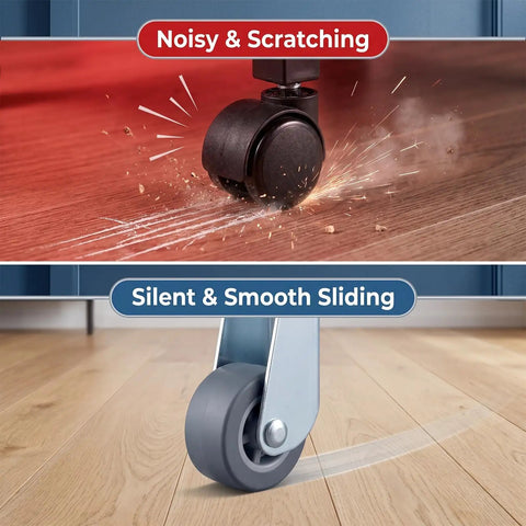 Comparison of Heavy Duty 4 Pack Vertical Track Roller Wheels For Garden Gate Replacement, one noisy and scratching, one silent and smooth.