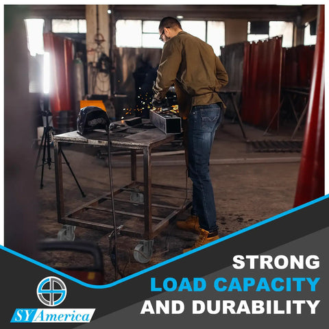 4 Inch Heavy Duty Casters Set Of 4 With Swivel Brake Wheels on a workshop cart supporting heavy material handling.