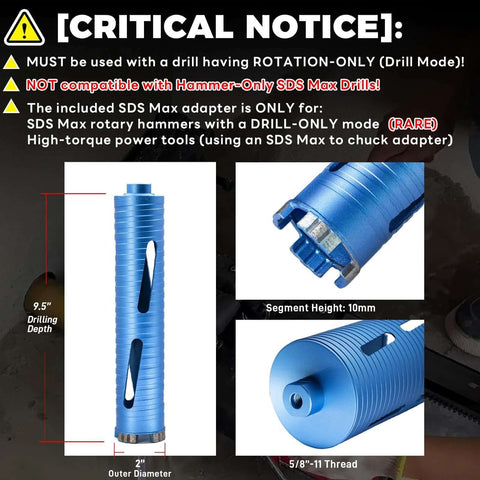 DaduoRi 2 in dry core drill bit for brick/concrete; blue body, front view; SDS Plus/Max and 1/2 in hex adapters; 9.5 in drilling depth.