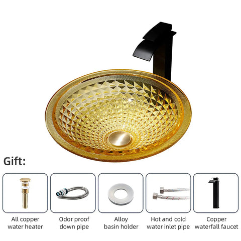USZWBY Bathroom Vessel Sink Vanity Tempered Glass Vessel Bowl Sink Round Luxury Countertop Sink with Copper Waterfall Faucet