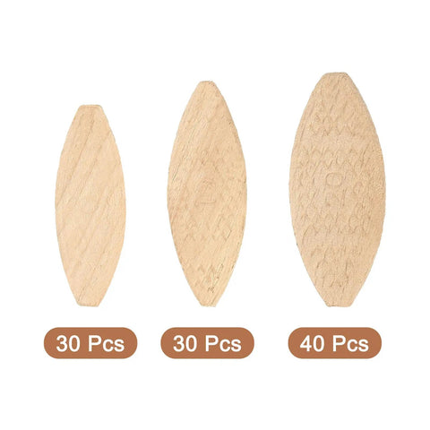 Image showing 100 Pcs Wood Joiner Biscuits Beech Wood Dowels Set In Three Sizes 45x16x3.8mm, 54x19x3.8mm, 57x24x3.8mm for carpentry.