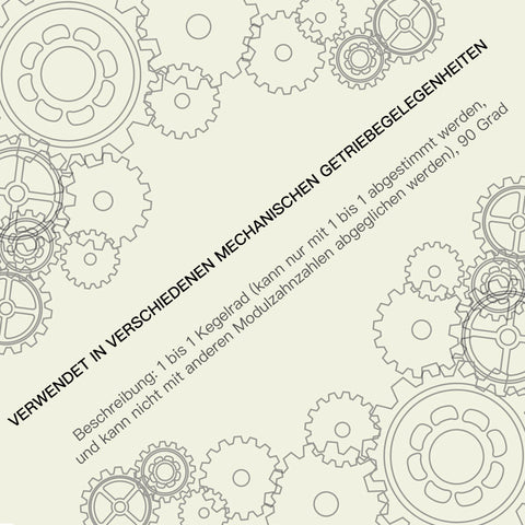 Illustration of gears with text "VERWENDET IN VERSCHIEDENEN MECHANISCHEN GETRIEBEGELEGENHEITEN" featuring mechanical design elements.