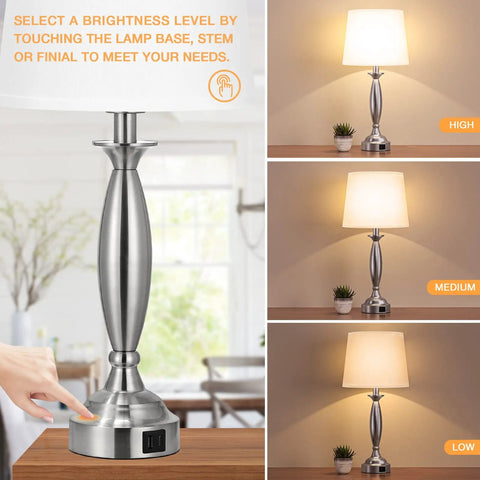 White Shade Bedside Lamps Set Of 2 With Touch Control 3 Way Dimmable Brightness USB C And USB A Ports Nickel Base Nightstand Table Lamps For Bedroom And Living Room