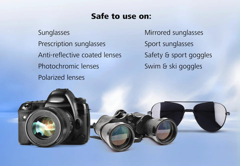 ZEISS pre-moistened sunglasses cleaning wipes banner; sunglasses, camera, and binoculars on a blue gradient background