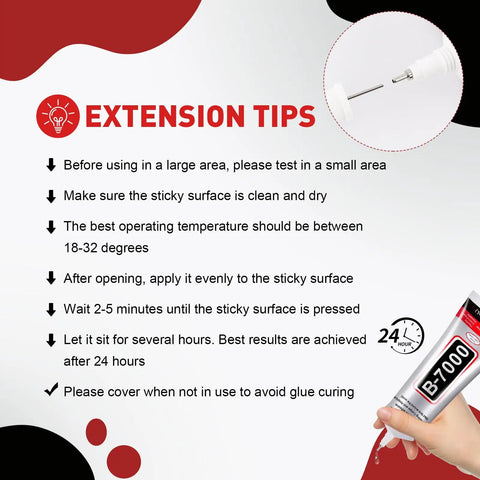 Instructions and close-up of B7000 glue for Clear 110ml Precision Tip Glue 4 Pack For Rhinestones Nails Jewelry Shoes And Crafts
