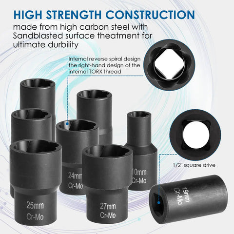 Lug Nut Removal Kit 13 Piece Bolt Extractor Set Half Inch Drive includes various sizes made from Cr-Mo steel for damaged bolts