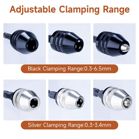 Two Pack Keyless Drill Chuck Adapters With One Quarter Inch Hex Shank For Impact Drivers, black and silver options.