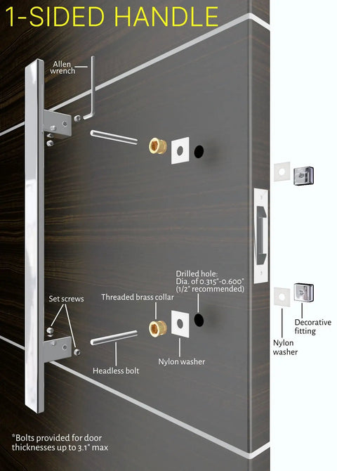 18 Inch One Sided Modern Door Handle In Stainless Steel With Chrome Mirror Polish Finish Slick Flat Bar Pull For Entry Doors Shower Glass Barn Doors And Interior Exterior Commercial Use, installation diagram