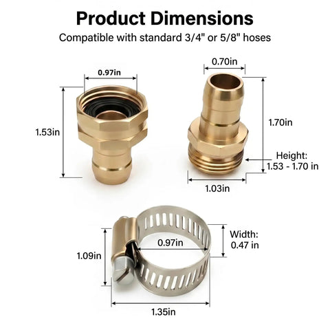 Heavy Duty Garden Hose Repair Connector Kit With Clamps Fits 3/4 Or 5/8 Inch Quick Fix Aluminum And Stainless Steel Leak Proof Durable Fix For Your Backyard Irrigation Needs Today. Product dimensions chart with clamp sizes