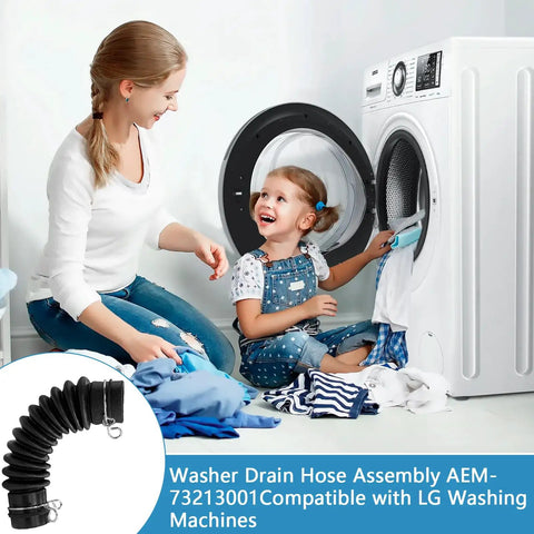 Woman and child doing laundry with Washer Drain Hose Assembly For LG And Kenmore Washers With Thick Tub To Pump Connector.