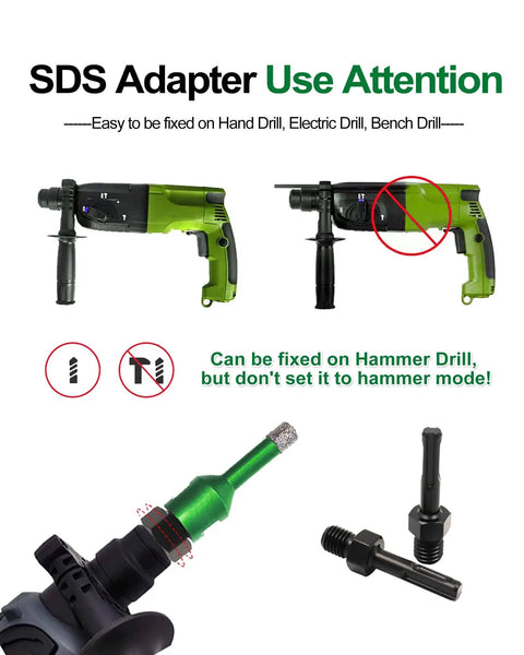SDS adapter for All In One Tile Hole Saw Kit 13 Pcs Diamond Core Drill Bits Set attached to green drill