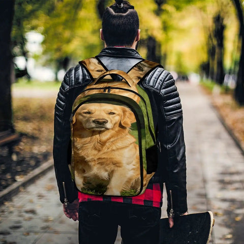 Person walking with Grass Retriever Printed Backpack For Men And Women, showcasing unisex large capacity daypack in durable polyester.