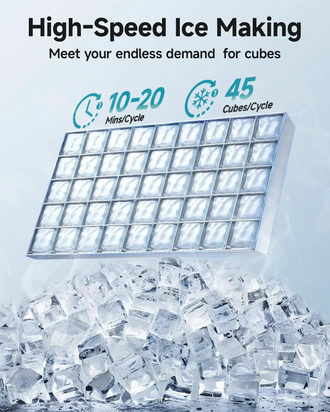 High-Speed Ice Making with Heavy Duty Commercial Ice Maker Machine Delivers 100 Lbs Per Day, showing clear ice cubes.