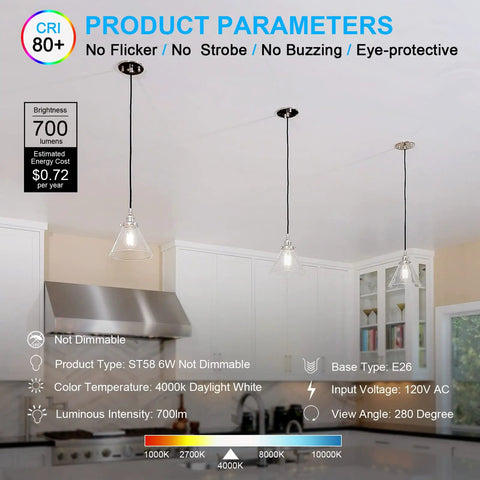 Kitchen with pendant lighting using Antique Vintage LED Light Bulbs ST58 Edison Style 60W Equivalent Daylight 4000K E26 Medium Base