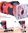 800W Palm Router Tool For Woodworking Compact Hand Trimmer Router With 12 Piece One Quarter Inch Bit Set showing transparent base