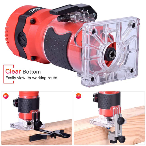 800W Palm Router Tool For Woodworking Compact Hand Trimmer Router With 12 Piece One Quarter Inch Bit Set showing transparent base