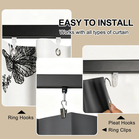 Adjustable Black Shower Curtain Rod 36 To 63 Inches Aluminum With 180 Degree Rotating Brackets, Dual Installation Adhesive Or Drill, Rustproof Smooth Gliding For Quick Secure Shower Setup, shown with ring hooks and clips