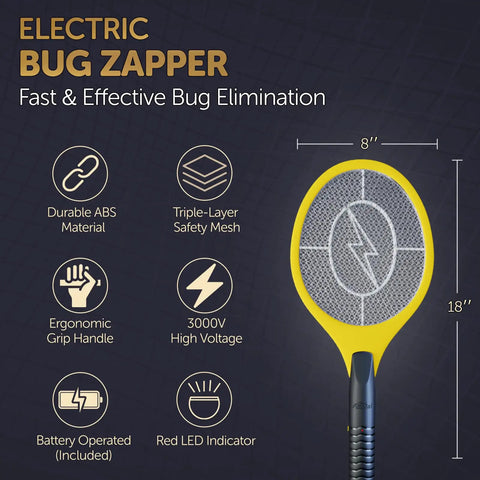 18 Inch Electric Fly Swatter Zapper Racket For Indoor Outdoor Use, Battery Operated Bug Killer With 3000 Volt Zap, Tennis Style Mosquito And Fly Killer, Easy To Use With Two AA Batteries Included - Yellow