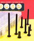 Durable M6 Hex Drive Socket Cap Bolts Kit With Countersunk Round Heads, Black Zinc Coated Fasteners, assorted sizes and case