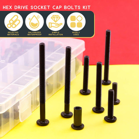 Durable M6 Hex Drive Socket Cap Bolts Kit With Countersunk Round Heads, Black Zinc Coated Fasteners, assorted sizes and case